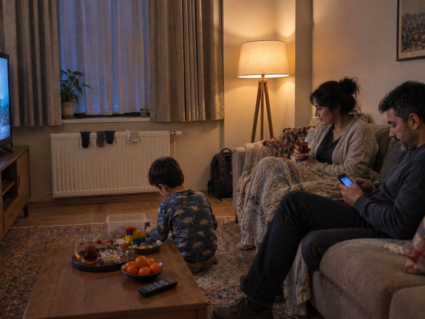 Kışın sıcak oturma odasında dinlenen aile