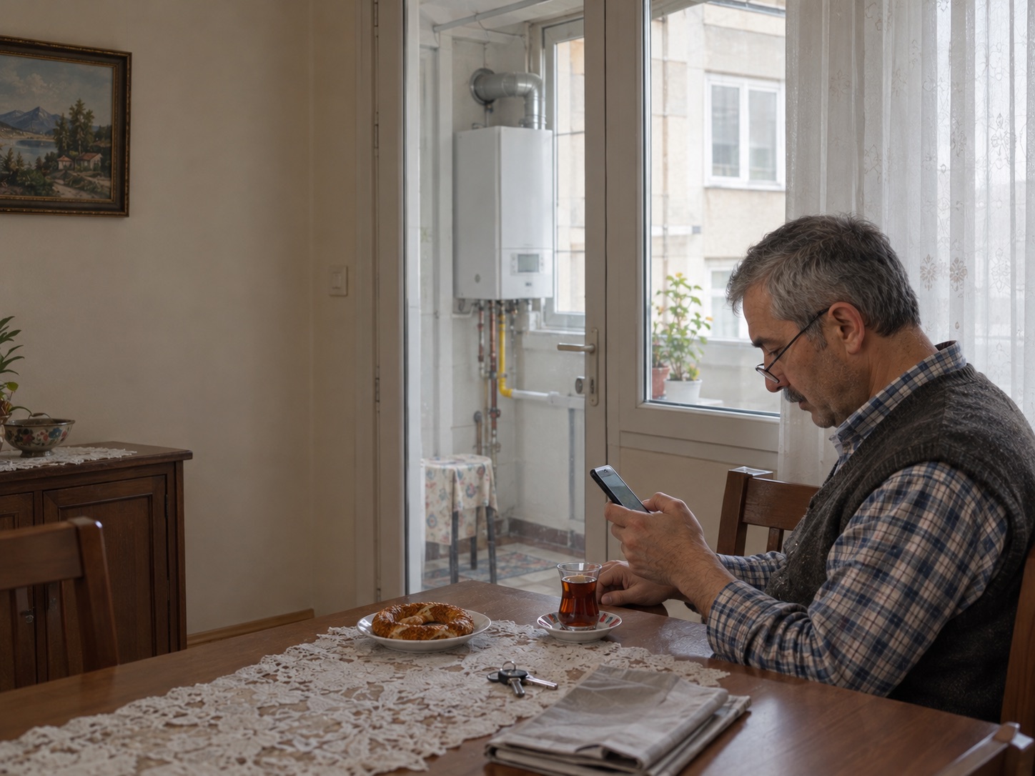 Mutfakta çay içerken telefondan mesaj yazan adam