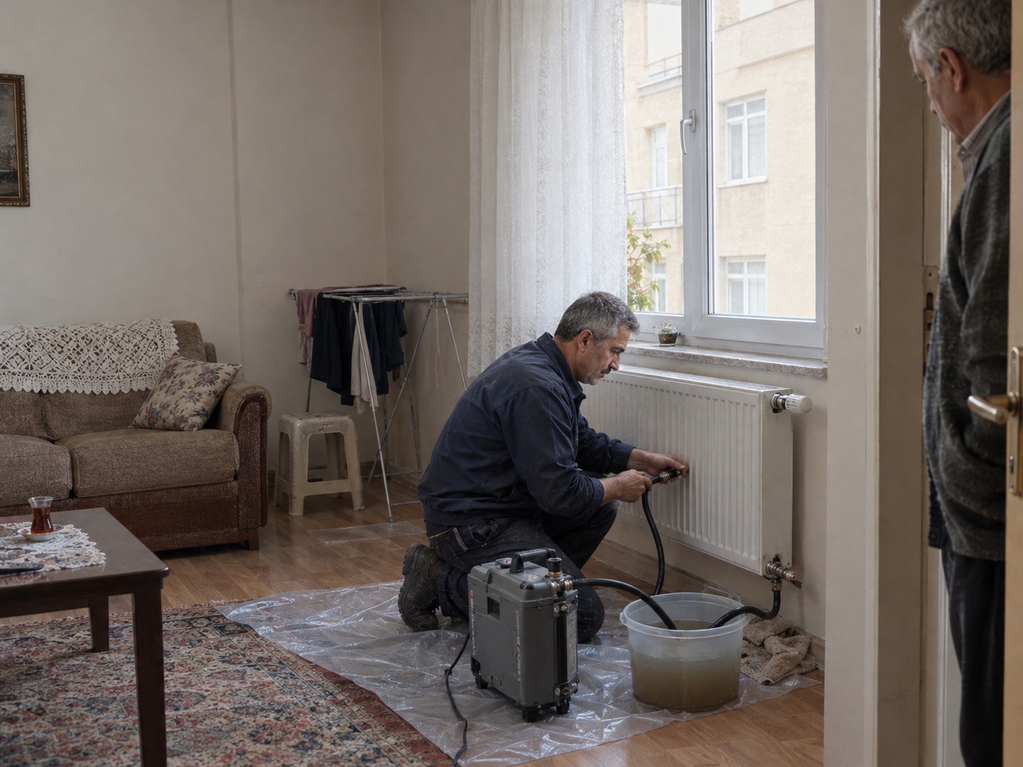 Peteğe temizleme makinesi bağlayan teknisyen