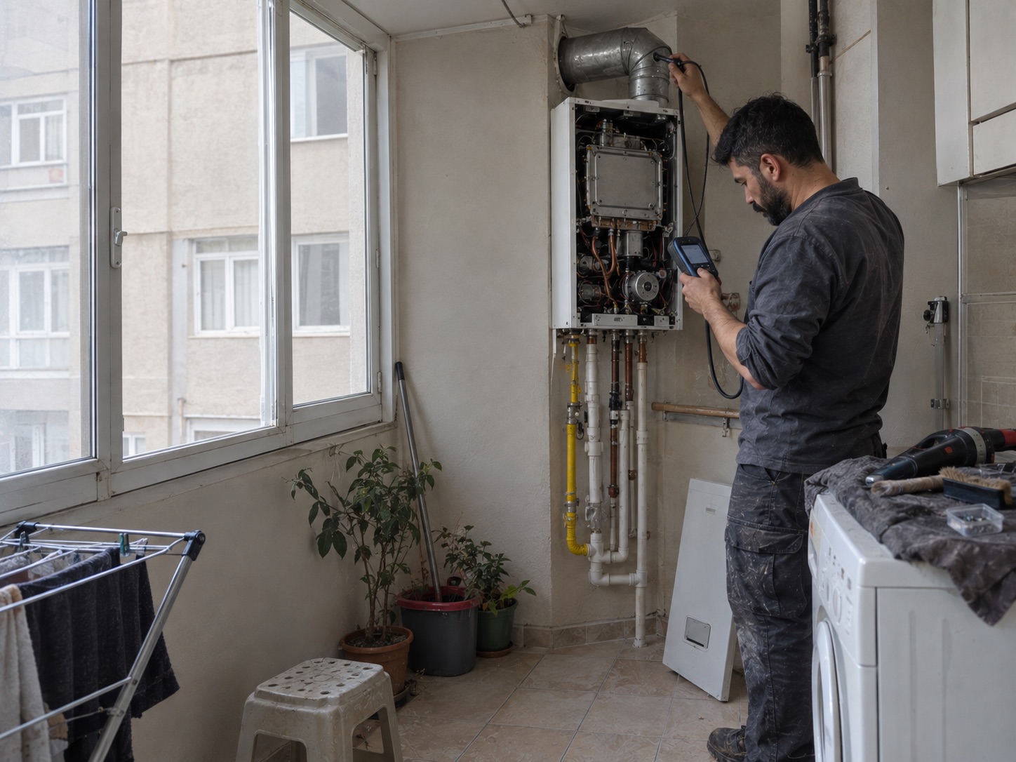 Yıllık bakımda kombinin baca gazını ölçen teknisyen